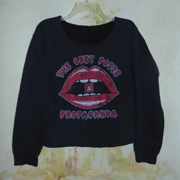 OBEY Posse Propaganda SWEATSHIRT Cut Raw Hem Neck Womens Gothic Grunge Top M/L - Picture 5 of 10